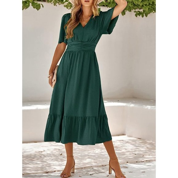 IFFEI Summer Maxi Dress V Neck Chiffon Ruffle Sleeve Swiss Dots A-Line Dress - Picture 2 of 7